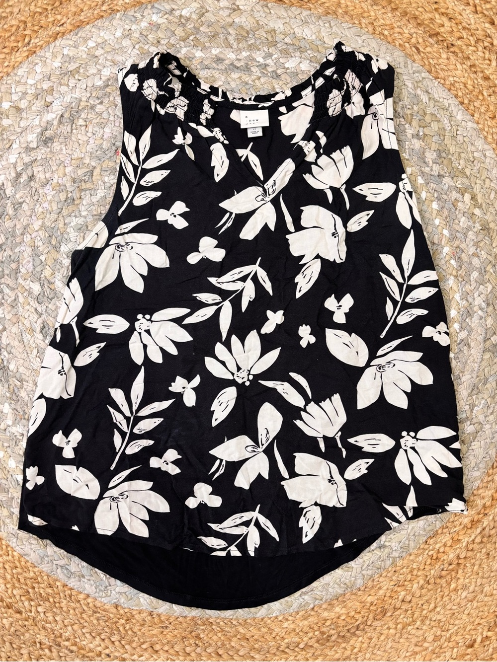 a new day Black Tank Top with White Floral Print